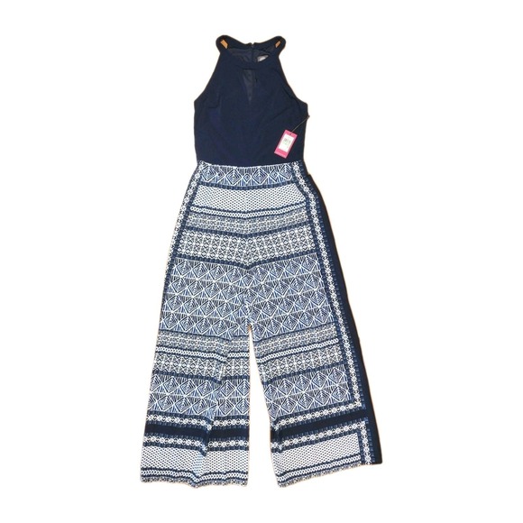 Vince Camuto Pants - Vince Camuto Halter Jumpsuit Womens 8 Navy White Wide Leg Casual Boho Resort NEW